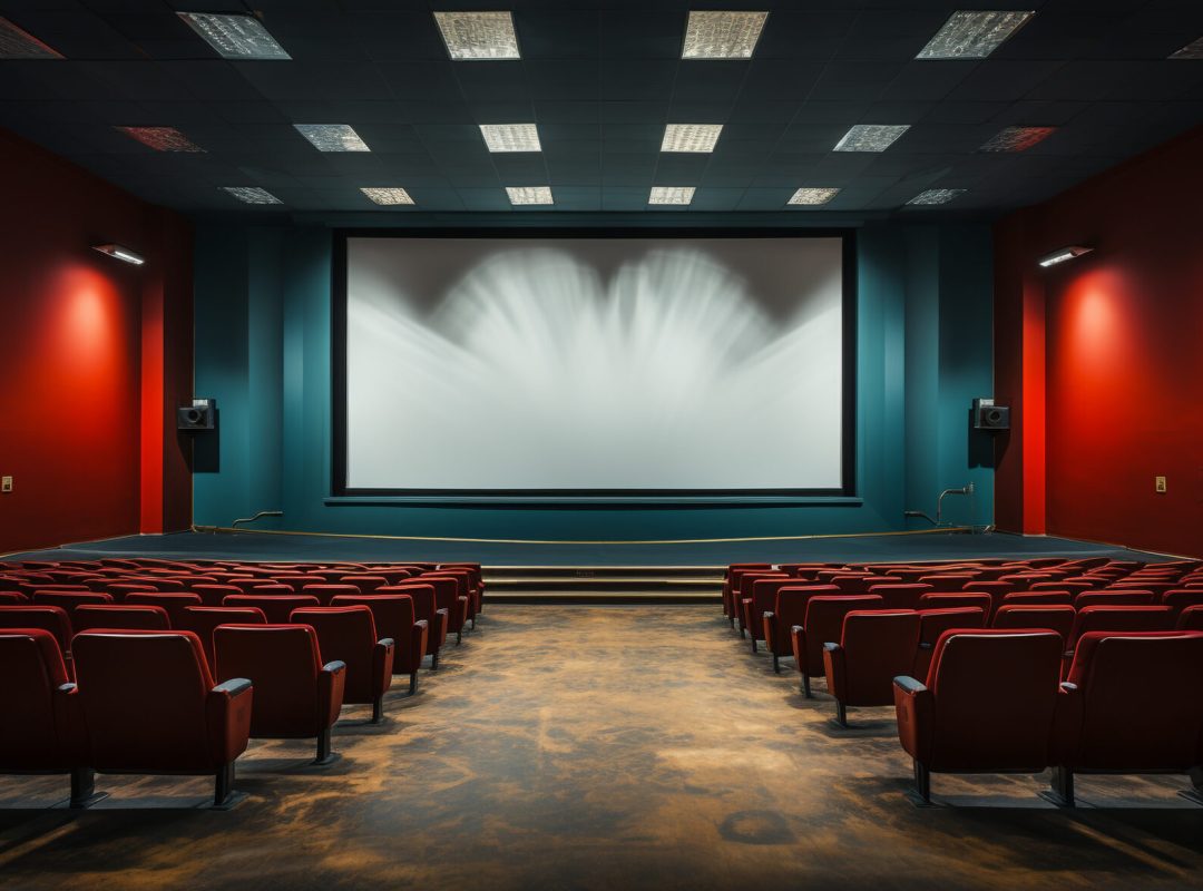 Empty auditorium with velvet chairs, illuminated stage, and projection screen generated by artificial intelligence