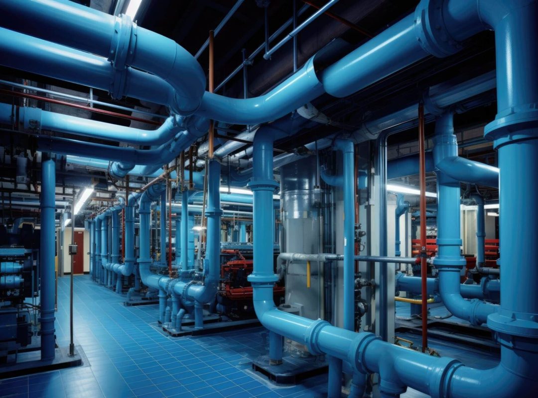 Industrial zone, Steel pipelines and cables in blue tones at a power plant, building piping systems, AI Generated